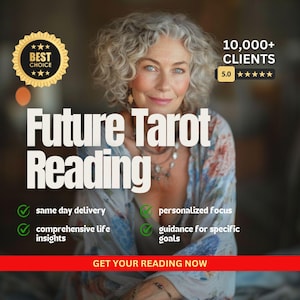 May include: A woman with gray curly hair smiles at the camera. The text "Future Tarot Reading" is in large bold letters. Below the text are four check marks with descriptions: same day delivery, comprehensive life insights, personalized focus, and guidance for specific goals. The text "GET YOUR READING NOW" is in red at the bottom of the image.