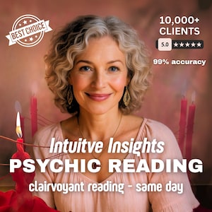 Może przedstawiać: Zdjęcie przedstawia kobietę z kręconymi, siwymi włosami, ubraną w różową bluzkę i złote kolczyki. Tekst zawiera "Best Choice", "10,000+ Clients", "5.0 gwiazdek" i "99% accuracy". Widoczne są również słowa "Intuitive Insights", "PSYCHIC READING" i "clairvoyant reading - same day".