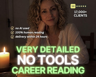 May include: A person with curly hair sits at a wooden table with tarot cards. Text reads: 5.0 17,000+ CLIENTS, no AI used, 100% human reading, delivery within 24 hours, VERY DETAILED NO TOOLS CAREER READING. A lit candle sits in the foreground.