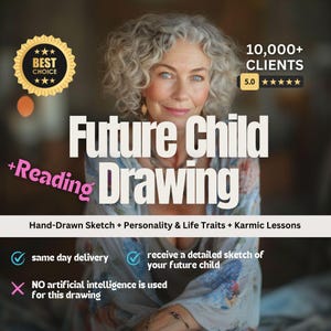May include: A woman with gray hair smiles at the camera. The text "Future Child +Reading Drawing" is in large, bold letters. The text "Hand-Drawn Sketch + Personality & Life Traits + Karmic Lessons" is below the title. There are check marks next to the text "same day delivery" and "receive a detailed sketch of your future child". There is an X next to the text "NO artificial intelligence is used for this drawing".