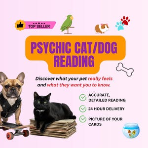 May include: An advertisement for psychic readings for cats and dogs. The image features a French bulldog on a skateboard, a black cat, and other pet-related graphics. Text includes "Psychic Cat/Dog Reading" and "Accurate, Detailed Reading."
