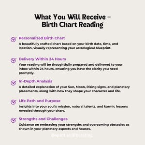 May include: A white graphic with the text "What You Will Receive - Birth Chart Reading." The text describes a personalized birth chart, delivery within 24 hours, in-depth analysis, life path and purpose, and strengths and challenges.