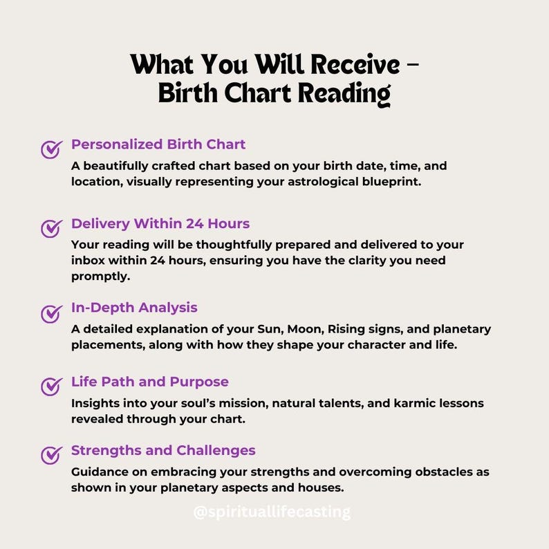 May include: A white graphic with the text "What You Will Receive - Birth Chart Reading." The text describes a personalized birth chart, delivery within 24 hours, in-depth analysis, life path and purpose, and strengths and challenges.