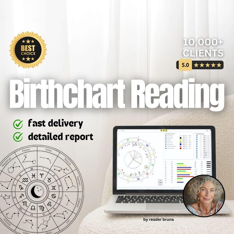 May include: A laptop displays a birth chart reading, with a zodiac wheel and a detailed report. The image includes the text "Birthchart Reading", "fast delivery", and "detailed report". A gold seal reads "Best Choice". The image also includes the text "10,000+ Clients" and "5.0".