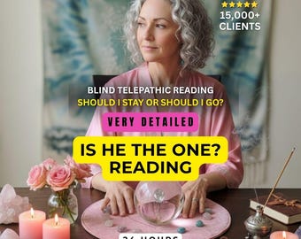 May include: A woman in a pink robe sits at a table with a crystal ball, candles, and flowers. Text on the image reads "Blind Telepathic Reading", "Should I Stay or Should I Go?", "Is He The One? Reading", and "24 Hours".