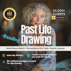 Puede incluir: Una mujer con cabello gris sonríe a la cámara. El texto "Past Life Reading Drawing" está en letras grandes, negritas y blancas. El texto "Hand-Drawn Sketch + Personality & Life Traits + Karmic Lessons" está debajo del texto principal. Hay marcas de verificación junto al texto "entrega el mismo día" y "recibe un boceto detallado de tu identidad de vida pasada". Hay una X junto al texto "NO se utiliza inteligencia artificial para este dibujo".