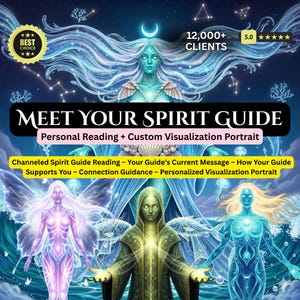 Puede incluir: Ilustración digital artística con el texto "MEET YOUR SPIRIT GUIDE". La imagen presenta figuras etéreas en tonos de azul, verde y morado, con elementos celestiales y el texto "Personal Reading + Custom Visualization Portrait".