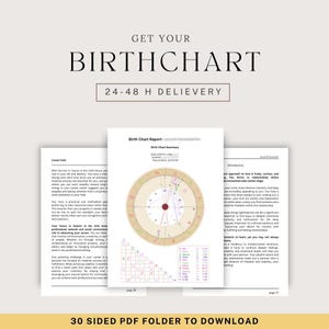 May include: A digital birth chart report with a circular astrological chart and detailed text. The image includes the text "GET YOUR BIRTHCHART" and "24-48 H DELIVERY". The product is a 30-sided PDF folder to download.