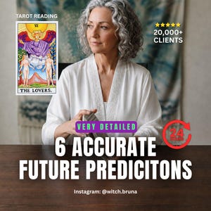 May include: A tarot reading service advertisement featuring The Lovers card, text reading TAROT READING, 20,000+ CLIENTS, VERY DETAILED, 6 ACCURATE FUTURE PREDICITONS, and Instagram: @witch.bruna. A person with gray hair wears a white robe while holding cards.