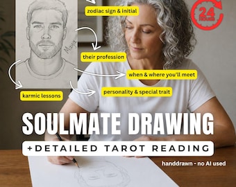 May include: A person drawing a portrait on paper with text that reads SOULMATE DRAWING + DETAILED TAROT READING, handdrawn - no AI used, 24 Hours, zodiac sign & initial, their profession, when & where you'll meet, karmic lessons, personality & special trait.