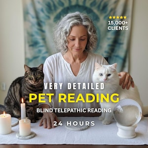 May include: An image promoting pet reading services. The text reads "VERY DETAILED PET READING" and "BLIND TELEPATHIC READING 24 HOURS". A woman sits with two cats, a tabby and a white cat, with candles and a crystal ball.