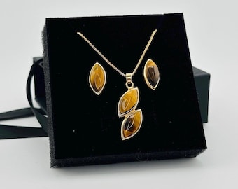 18K Gold Plated Tiger Eye Necklace & Earring Set | 18” Chain | Natural Gemstone Jewelry | Luxury Black Gift Box | Elegant Gift for Her