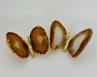 Natürliches Schmetterlings-Paar | Gold Ton Achat Schmetterling Dekor | Kristall Schmetterlingsflügel 3 ” | Stein Schmetterling Home Akzent