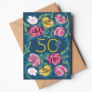 50e anniversaire | 50e anniversaire | Anniversaire de mariage | Cadeau pour le cinquantième jalon | Cartes de voeux florales | Carte d'anniversaire fleur