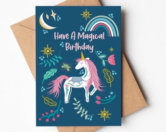 Tarjeta de cumpleaños de unicornio, tarjeta de felicitación para niños, cumpleaños mágico para niños