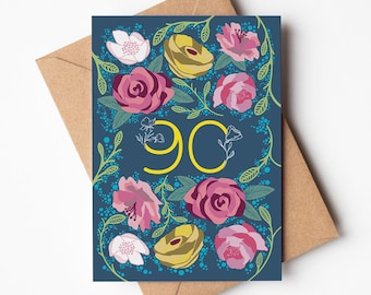 Floral 90th Birthday Card | Hand Illustrated Anniversary