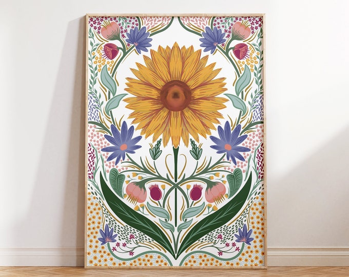 Floral Art Print | Sunflower Folk Art Poster | Botanical Home Decor | Mother’s Day Gift | Flower Artwork | Gallery Wall Art