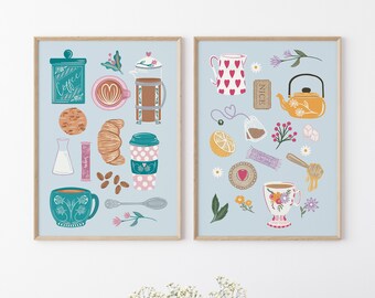 Tea and Coffee Illustrated Print Set | French Cafe Kitchen Art