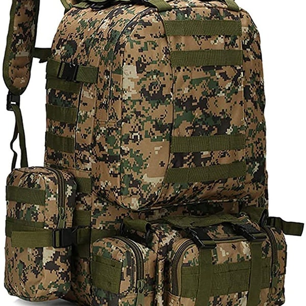 55L Military Style Tactical Bag for Camping Hiking Trekking Hunting Bug Out Bag 4 in 1 Outdoor Backpack (Woodland Digital Camo)