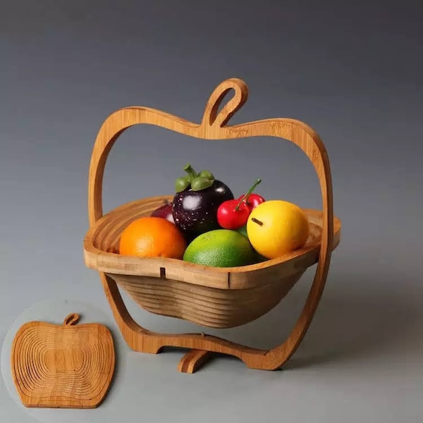 Natural Bamboo Apple Shaped Fruit Basket Collapsible Decorative Fruit Bowl