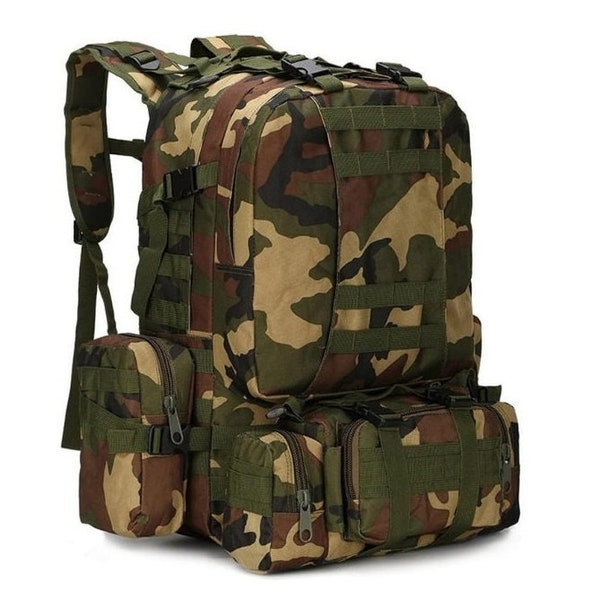 55L Military Style Tactical Bag for Camping Hiking Trekking Hunting Bug Out Bag 4 in 1 Outdoor Backpack (Woodland Camo)