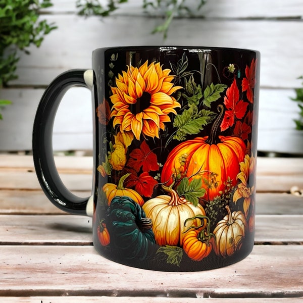 Kaffeebecher im Boho-Stil - Halloween-Motiv mit  Kürbissen auf Schwarz - ElilenaShop Personalisierbar