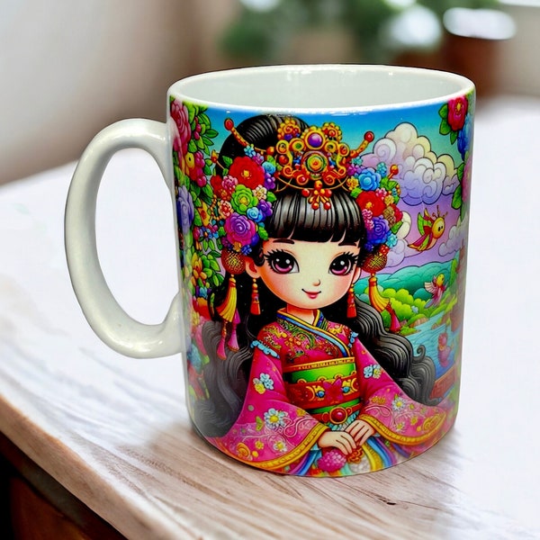 Manga Prinzessinnen-Becher, Bunt, Ideales Geschenk für kreative Mädchen, 300ml Keramiktasse im traditionellen Japan-Design von ElilenaShop.