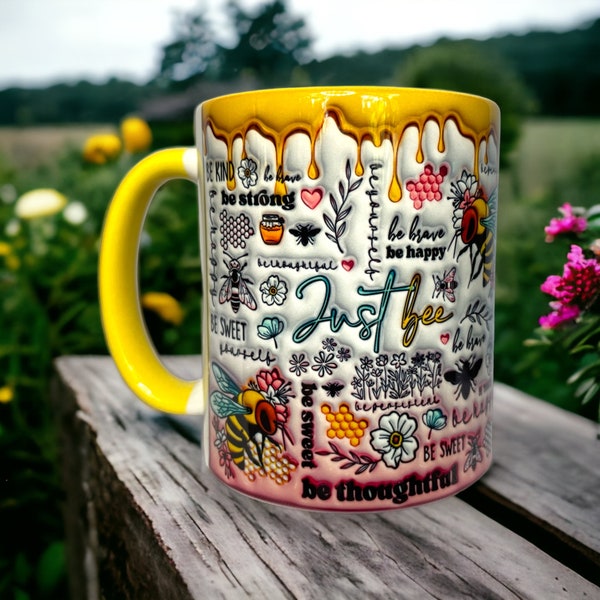 Ceramic mug with motivational sayings and bee mitives in 3D optics, perfect for morning coffee or tea