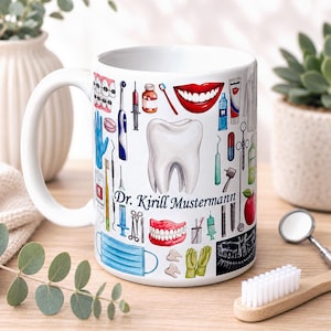Personalisierte Zahnarzt Tasse mit Namen, Keramiktasse für Zahnärztin und Zahnarztpraxis