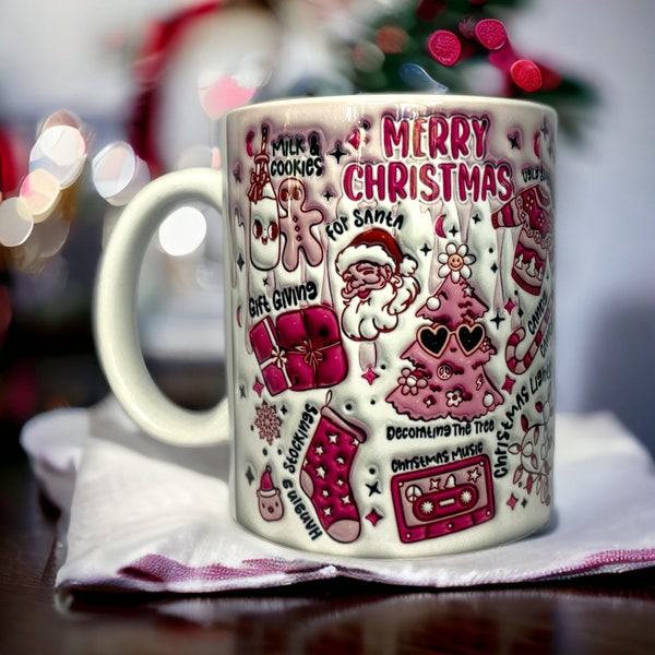 Mug de Noël en rose avec effet 3D - Tasse à café ElilenaShop comme idée cadeau, mug personnalisé pour femme