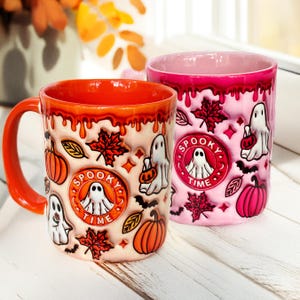 Halloween mug with ghosts and pumpkin, not embossed, cute ghost mug, autumn gift. Original 2023.