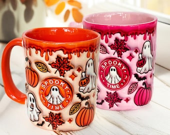 Halloween mug with ghosts and pumpkin, not embossed, cute ghost mug, autumn gift. Original 2023.