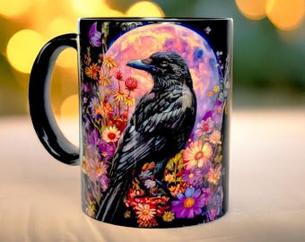 Keramiktasse 330ml mit Rabe und Vollmond personalisierbar Kaffeebecher schwarz bunt glänzend spülmaschinenfest Geschenkidee für Gothic Fans.