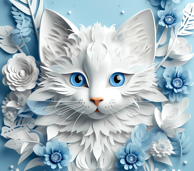 Edelstahl-Tumbler 590 ml mit weißer Katze und blauen Blumen, doppelwandig isoliert, inklusive Deckel und Edelstahl-Strohhalm. Hält Getränke 12 Stunden kalt oder 6 Stunden heiß. Hochwertig sublimiert, langlebig und wiederverwendbar. Perfektes Geschenk für Katzenliebhaber und Tierfreunde.