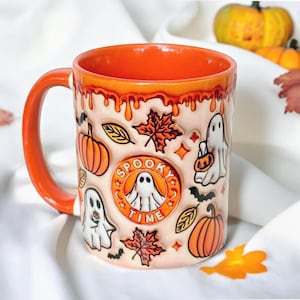 Halloween mug, orange with ghosts and pumpkin, not embossed, cute ghost mug, autumn gift