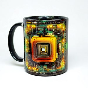 Könnte beinhalten: Keramikbecher mit einem Leiterplatten-Design und einem zentralen Prozessor-Grafik. Der Becher hat einen schwarzen Griff und Rand. Das Design integriert Grün-, Gelb- und Orangetöne und erzeugt eine technikinspirierte Ästhetik.