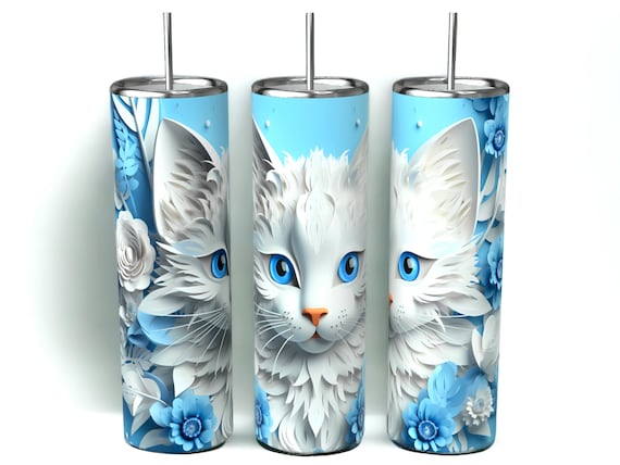 Edelstahl Tumbler 590ml weiße Katze blaues Blumendesign doppelwandiger Isolierbecher mit Strohhalm Deckel 12h kalt 6h warm Geschenkidee