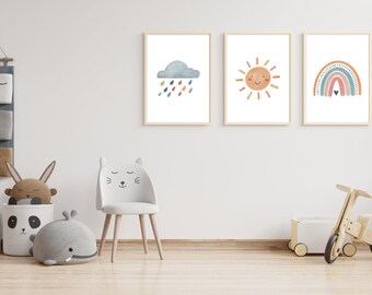Nursery Neutral Art Print | Pastel boho rainbow sun and cloud | Gallery Wall set of 3 | **Digital Download**