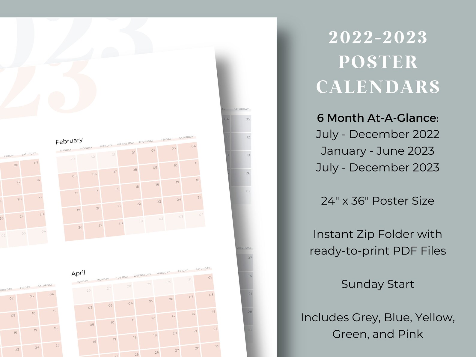 2023 Printable Poster Sized Calendar Bundle 6 Months Etsy
