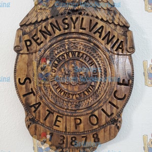 NEW Design !!!  3D V CARVED - Personalized Pennsylvania State Trooper Police Badge V Carved Wood Sign