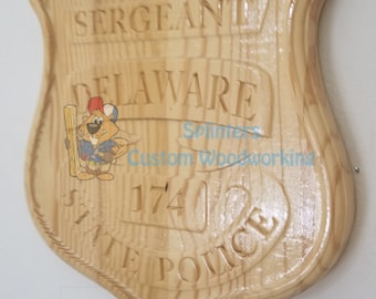 Personalized Delaware State Trooper Wood Sign – Carved Police Badge