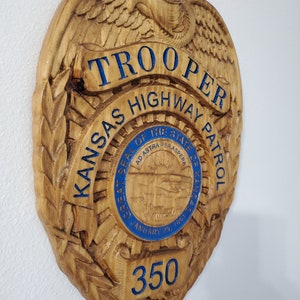 Personalized Kansas Highway Patrol Trooper Badge 3D V Carved Wood Sign