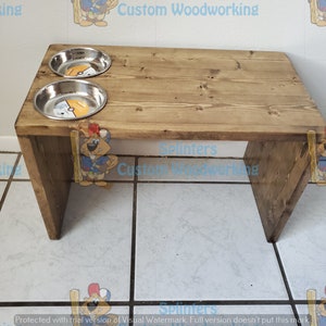 Unique Handmade Standing Cat Dish Made From Reclaimed Wood with two 6 oz dishes