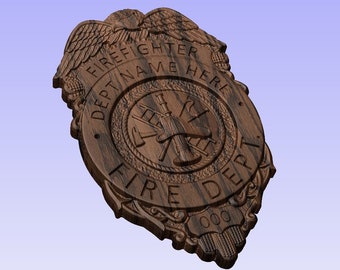 Custom fire dept firefighter badge 3d v carved wood sign
