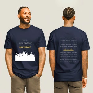 May include: A navy blue t-shirt with a white silhouette of a crowd of people on the front and the text "DC GO-GO WHERE YA'LL FROM? SOUTHEAST". The back of the shirt has a list of neighborhoods in Washington, D.C. in gold text.