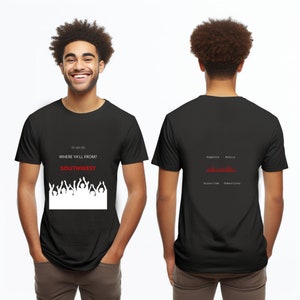 May include: Black t-shirt with the text "WHERE Y'ALL FROM? SOUTHWEST" in white and red. The front of the shirt features a crowd silhouette. The back of the shirt has a red graphic and the words "Waterfront, Bellevue, Buzzard Point, Federal Center."