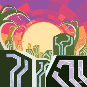 May include: A digital art print featuring a stylized cityscape with green, blue, and purple circuit board designs against a sunset background. The sun is a bright yellow circle with orange and red concentric circles around it.