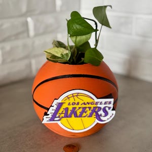 May include: An orange basketball-shaped planter with black lines, featuring a Los Angeles Lakers logo. The planter holds green leafy plants. A penny is in front of the planter. The planter is on a gray surface.