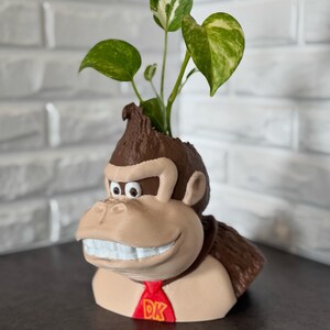 May include: A 3D-printed Donkey Kong planter, with a brown head and tan face, and a red tie with "DK". The planter holds a small green plant with white variegation. A penny is in front of the planter.