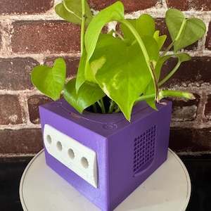 May include: A purple GameCube console planter with a green plant growing out of it. The planter has a white GameCube controller slot on the side. The planter is sitting on a white surface.